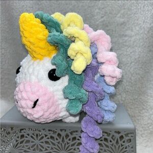 Crochet Rainbow Unicorn plush curly hair tail 9" used unique handmade READ